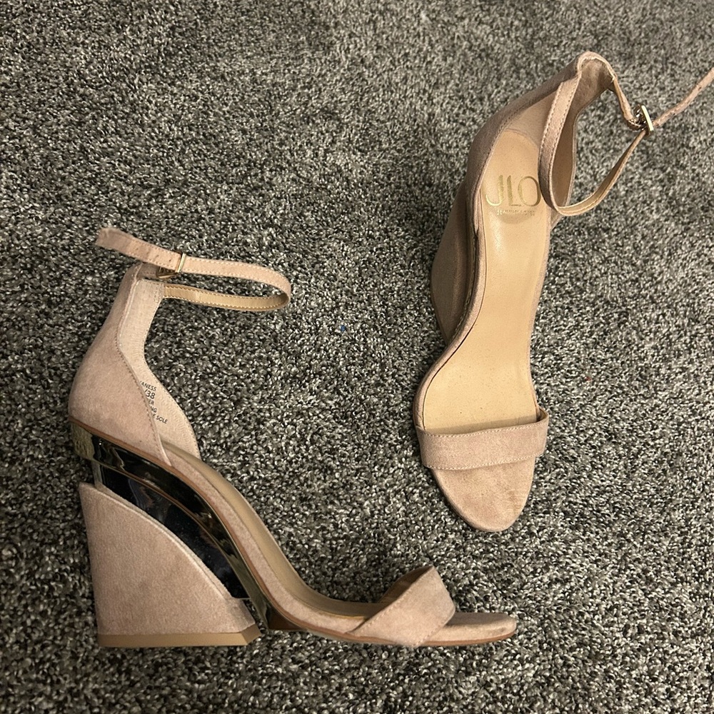 Beige and gold J.Lo Wedge Sandal Heels